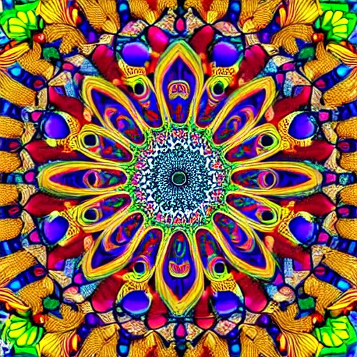 Image similar to vividly colored ornate psychedelic mandala pattern, intricate detail, complex patterns, high detail, symmetry