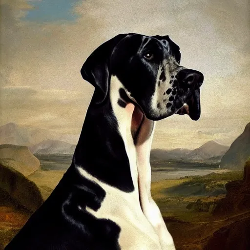 Prompt: a portrait of a great dane in a scenic environment by mary beale and rembrandt, royal, noble, baroque art, trending on artstation