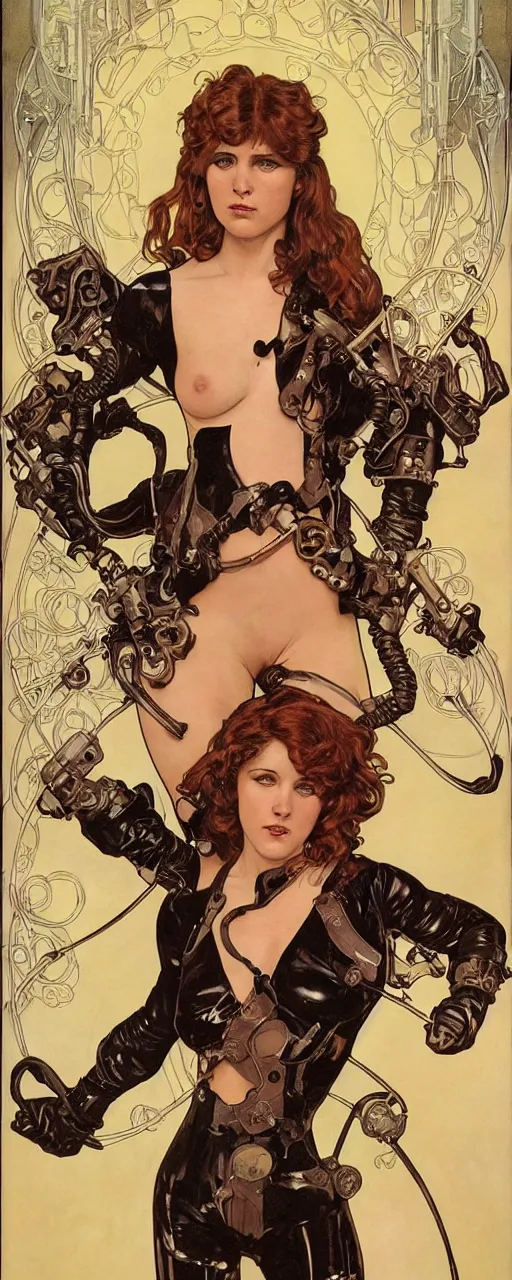 Prompt: striking sensual industrial art nouveau style portrait of kitty pryde as an extreme metal soldier by glenn fabry, simon bisley and alphonse mucha, photorealism, extremely hyperdetailed, perfect symmetrical facial features, perfect anatomy, ornate declotage, spikes, latex, excited expression, wild eyes