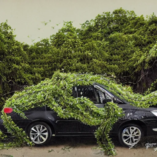 Prompt: a car wrapped in vines being crushed, heonhwa choe, photorealistic