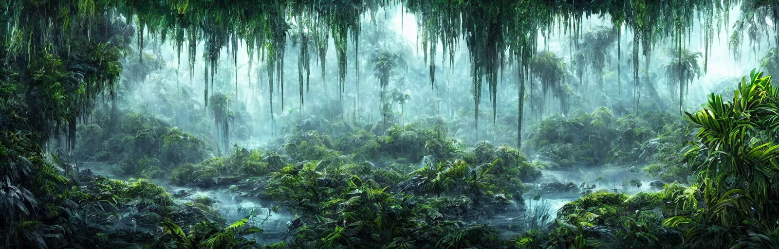 Image similar to painting of a jungle frozen over!! scene on an alien planet by vincent bons. ultra sharp high quality digital render. detailed. beautiful landscape. weird vegetation. water.