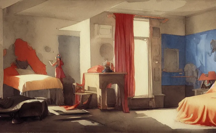 Prompt: bedroom, colorful watercolor. by rembrant, battle angel alita, ralph mcquarrie, aluminum, 1 6 6 7