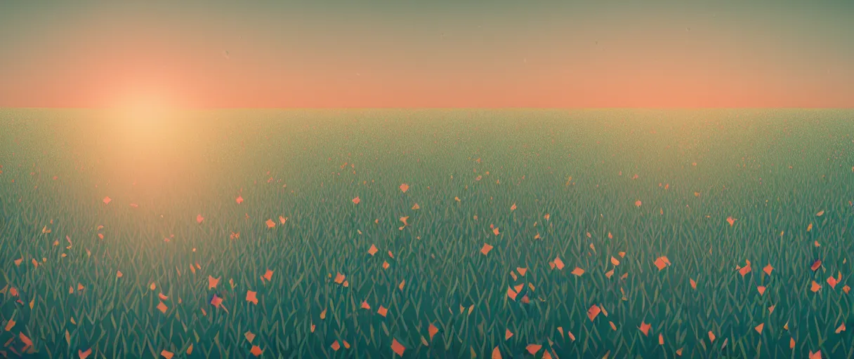 Image similar to 3 d render, low poly art, minimalist, flowers, teal sky, lowpoly, field of dreams, particles floating, unreal engine, dreamy, bokeh, bounce light, radiant lighting