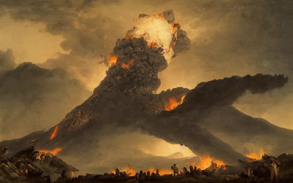 Prompt: volcano eruption, artwork by hubert robert