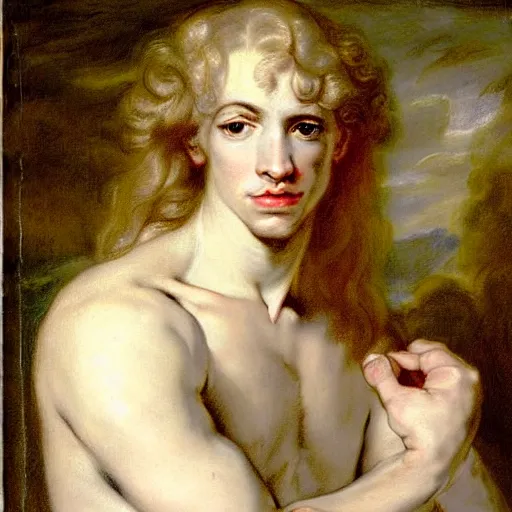 Prompt: beautiful portrait painting of the androgynous prince Lucius with long curly blond hair, very very very pale white skin, delicate young man wearing a wispy pink silk dress smiling sleepily at the viewer, symmetrically parted curtain bangs, in love by Peter Paul Rubens and Seb Mckinnon