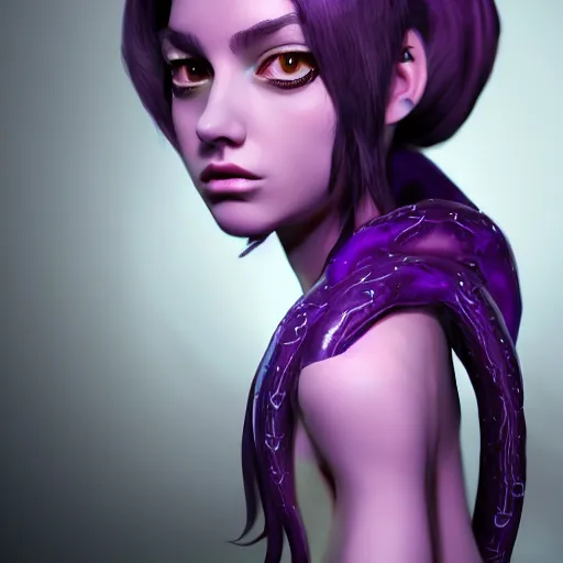 Prompt: artstation young teen with purple eyes and very thin purple tentacles on her head, furious, very detailed, portrait, high contrast, unreal engine 5