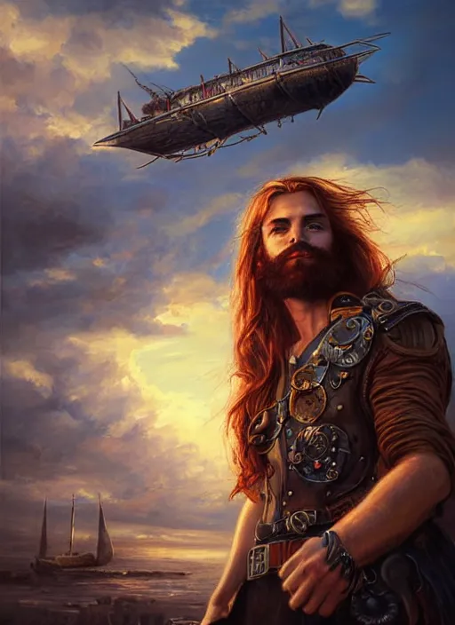 Image similar to portrait painting of a handsome face rugged long hair crimson hair male captain simple clothing top half portrait soft hair steampunk ornate mechanical zeppelin airship in the background sky sunset golden hour fantasy rugged book cover art atmospheric lighting art by mullins rutkowski bussiere