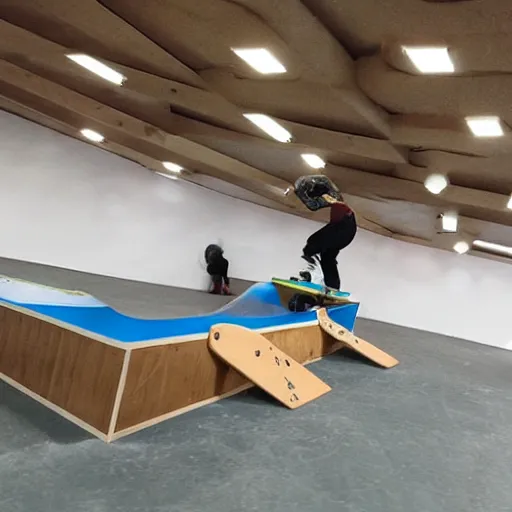 Prompt: fingerboard in een indoor skatepark