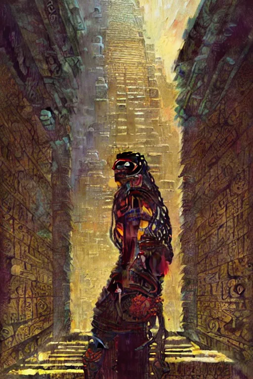 Prompt: cyberpunk mayan ancient chicheni tza , fantasy, painting by greg rutkowski and alphonse mucha