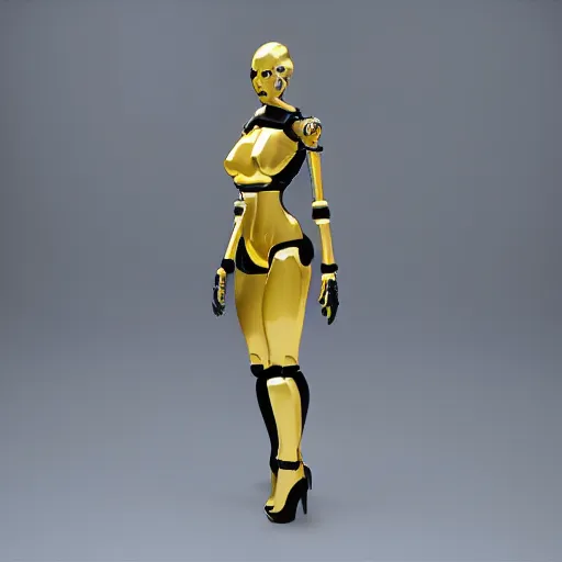 Prompt: womanized humanoid robot made of steel, beautiful face, short hair!!!, big breasts, black and yellow, anatomically correct, futuristic, glowing details!, symmetrical, unreal engine, ray tracing, 8 k, uhd, ultrarealistic, clear, sharp, highly detailed