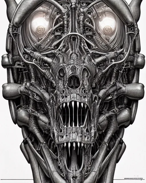 Image similar to intricate mechanical robot trex dinosaur skull, transformer, symmetrical illustration, bold line symmetrical illustration by peter gric, hr giger, kim jung gi, joe fenton, scifi, screen print, trending on art station, sharp, high contrast, ultrafine hyper detailed,