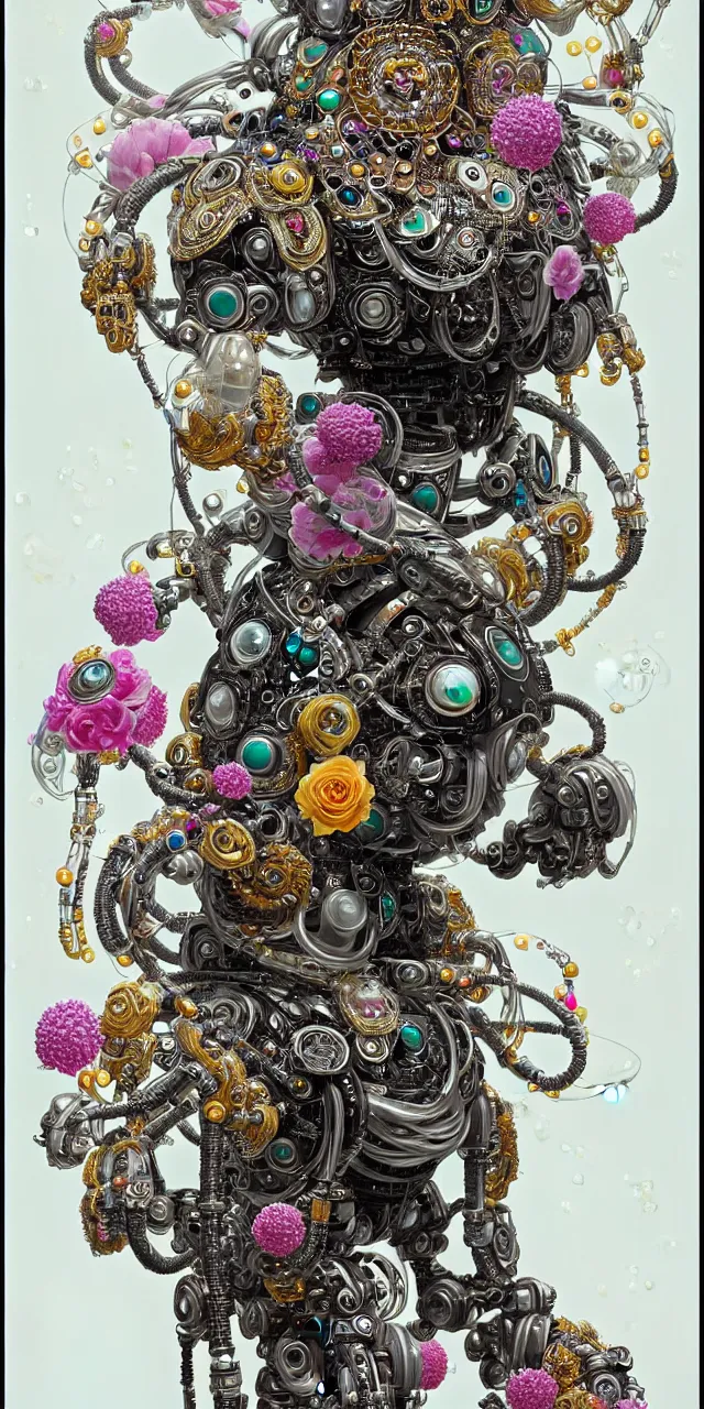 Prompt: beautiful cybernetic robotic ram and sita colorful flowers pearls beads and cables arranged in a damask pattern + clear glass exoskeleton, inside organic robotic tubes and parts, black background, symmetrical composition + intricate details, hyperrealism, wet, reflections + by alfonse mucha and peter mohrbacher, no blur