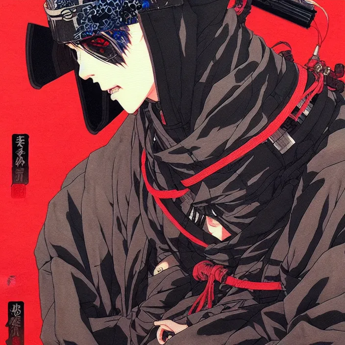 Image similar to a beautiful ukiyo painting of cyberpunk ninja, wearing cyberpunk streetwear, detailed close up portrait, concept art, by takato yamamoto, wlop, krenz cushart. cinematic dramatic atmosphere, sharp focus