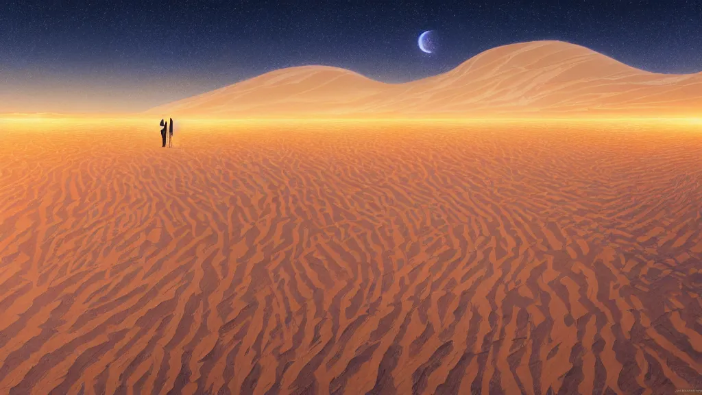 Prompt: highly detailed illustration of high exposure sand dunes at night by makoto shinkai, by oliver vernon, by joseph moncada, by damon soule, by manabu ikeda, by kyle hotz, by dan mumford, by otomo, 4 k resolution