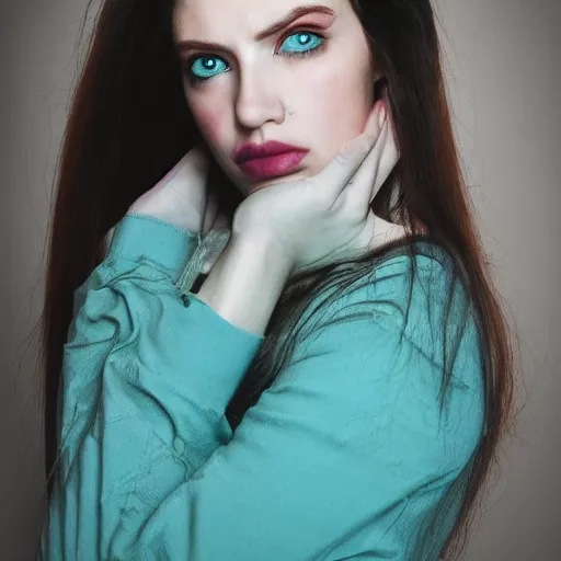 Prompt: a high quality photo of a beautiful woman, moody and melanchony with accents of pink and cyan.