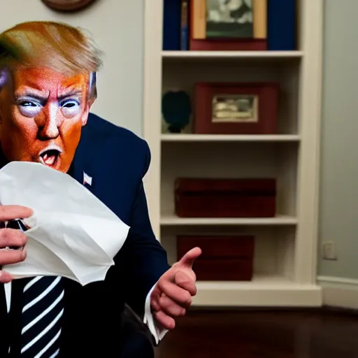 Prompt: candid portrait photo of president trump shoving a wad of paper into his mouth, eating stacks of paper, detailed portrait, 4 k, megapixel, sony a 7 s, f / 8, 2 4 mm lens, ap photo