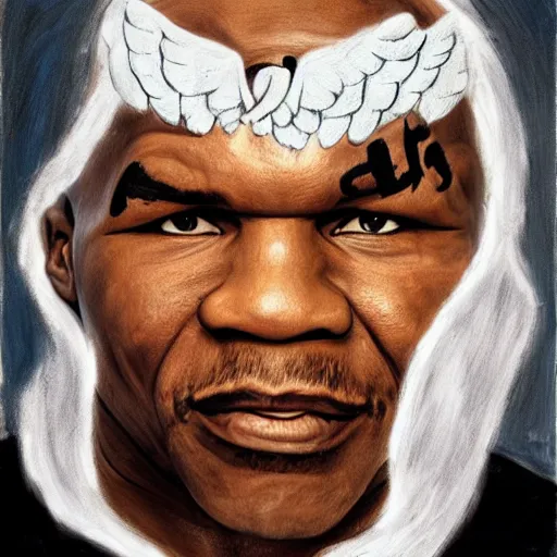 Image similar to mike tyson dressed as the angel of love, realistic portrait