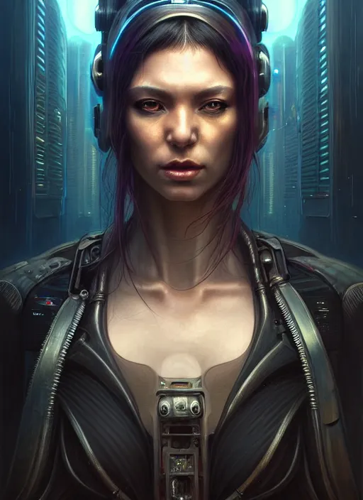 Image similar to closeup portrait shot of a cyberpunk female in a scenic dystopian environment, intricate, elegant, highly detailed, centered, digital painting, artstation, concept art, smooth, sharp focus, illustration, artgerm, tomasz alen kopera, peter mohrbacher, donato giancola, joseph christian leyendecker, wlop, boris vallejo