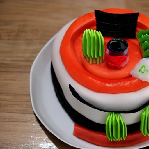 Prompt: sushi birthday cake made out of rice, diy