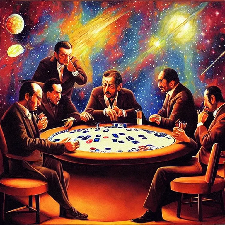 Image similar to Three mafiosi playing poker in open cosmos, star systems are visible in the background. Extremely high details, realistic, fantastic art, masterpiece, art by Alexei Leonov