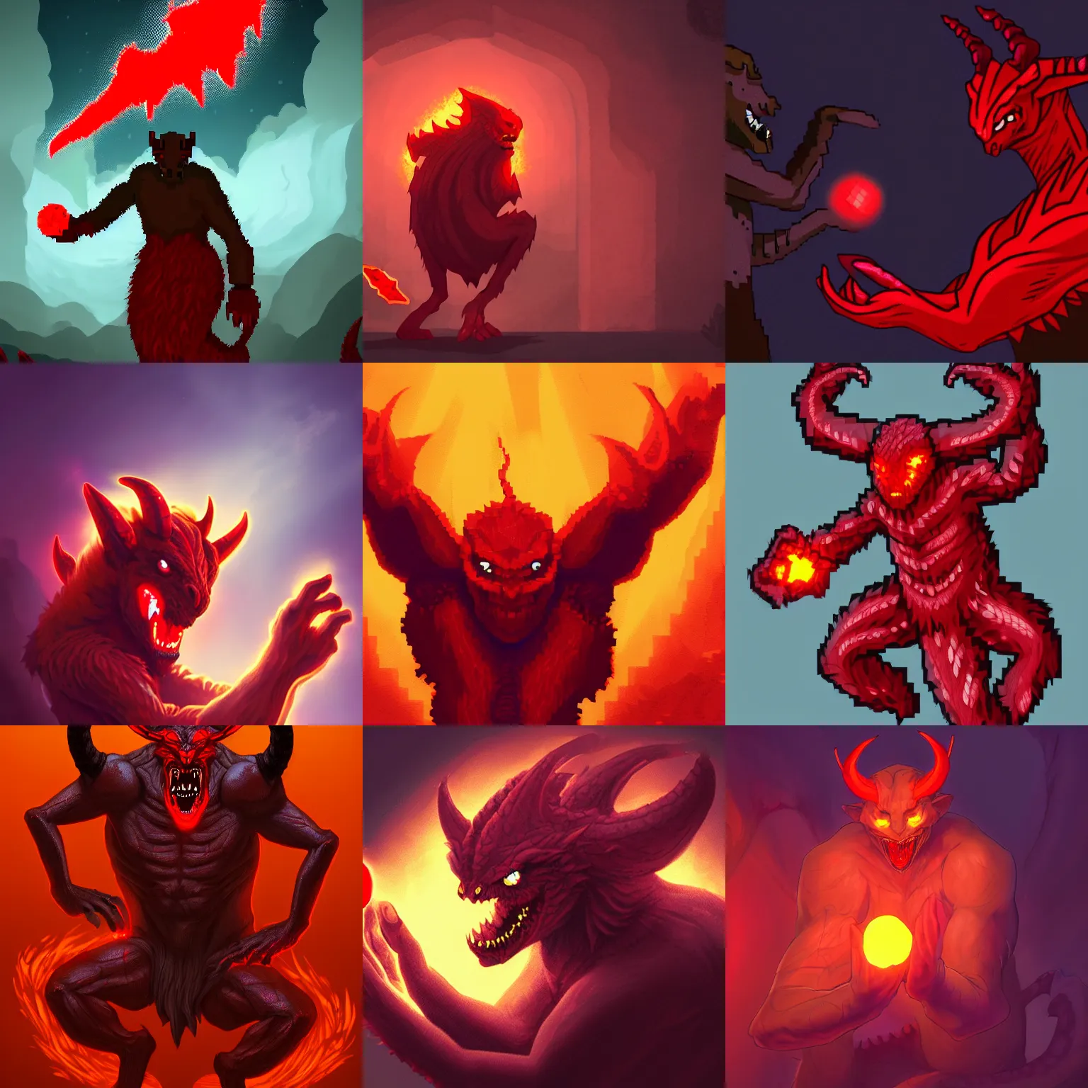 Prompt: man touching a glowing red stone which transforms him into a demon, scary, highly detailed, digital art, pixelart, tail, snakelike, 4 k hd, fur, sharp, horns, dragonlike, trending on artstation