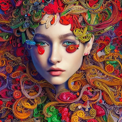 Image similar to the portrait of a beautiful and elegant young woman made up of peppers, an ultrafine detailed illustration by james jean, intricate linework, bright colors, final fantasy, behance contest winner, vanitas, angular, altermodern, unreal engine 5 highly rendered, global illumination, radiant light, detailed and intricate environment