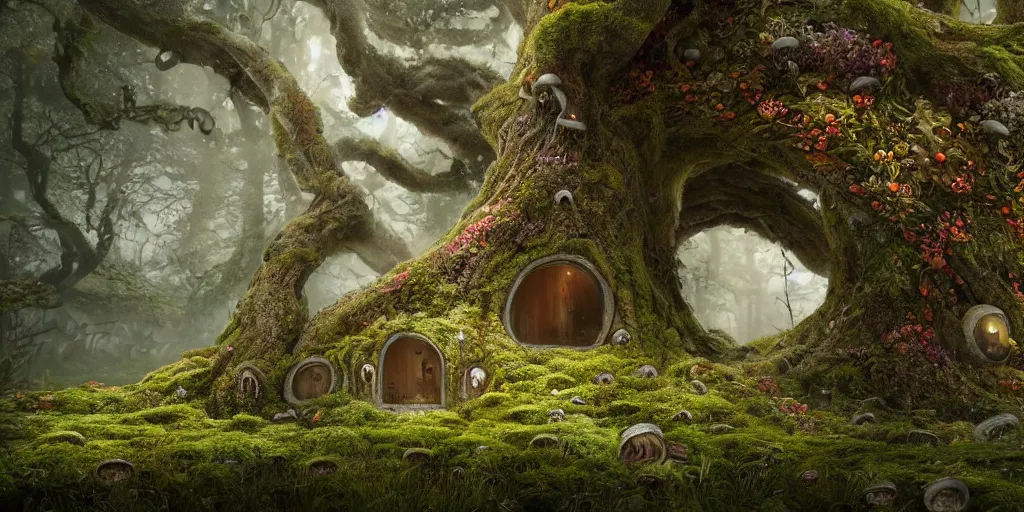 Image similar to a photorealistic cg render of huge old twisted tree with tiny mossy hobbit houses built into it, covered in moss, flowers and mushrooms, hints of peter mohrbacher, georges remi, albert uderzo, super - realistic, insanely intricate and detailed, atmospheric, volumetric lighting, cinematic, 4 k, high definition