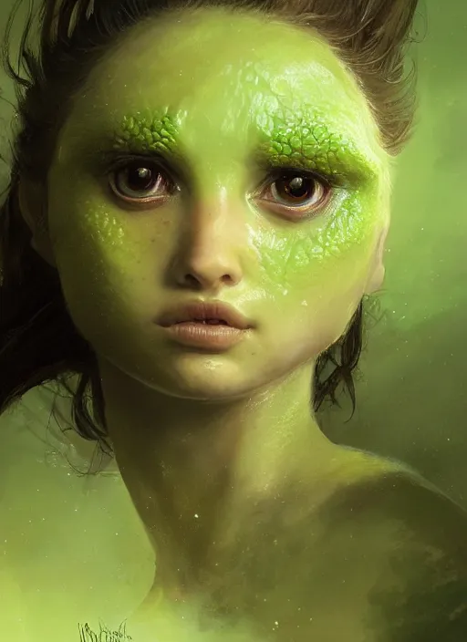 Prompt: portrait of my ethereal waifu cute innocent green slimy alien female froggy lady, ana de armas, with adorable uwu eyes painted by greg rutkowski, wlop,,