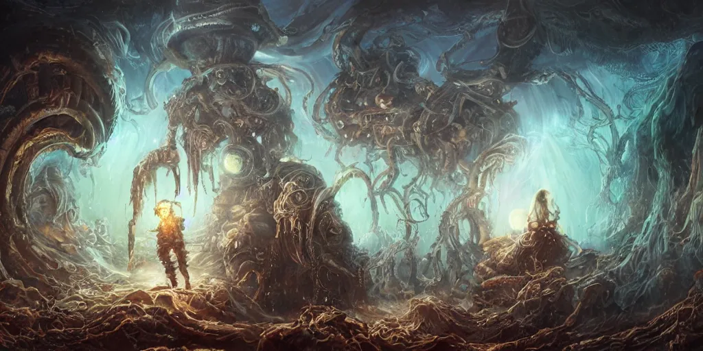 Image similar to concept art of giant translucent glowing jellyfishes, renaissance, divers helmet, lots of teeth, melting horror, round moon, rich clouds, fighting the horrors of the unknown, mirrors, very detailed, volumetric light, mist, grim, fine art, decaying, textured oil over canvas, epic fantasy art, very colorful, ornate, anato finnstark