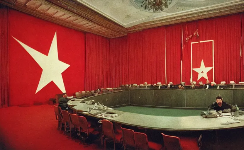 Image similar to 60s movie still of a stalinist style sovietic parlement with a giant USSR flag, by Irving Penn , cinestill 800t 35mm eastmancolor, heavy grainy picture, very detailed, high quality, 4k, HD criterion, precise texture, panoramic, cinematic