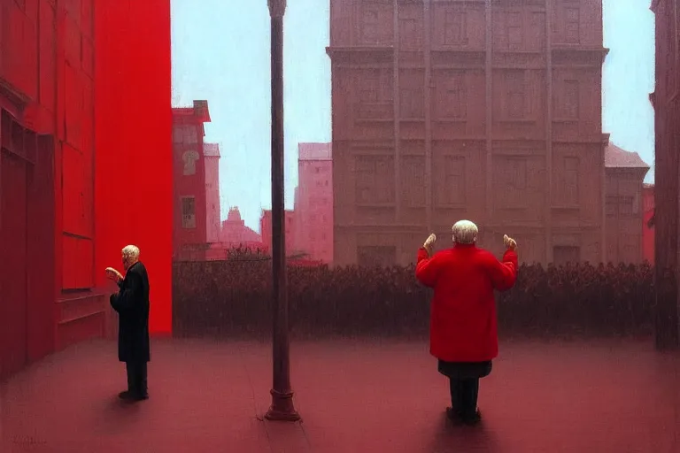 Image similar to only with red, a red old man try to sell a portrait, crowd cheering, in a city square, in the style of beksinski, parts by edward hopper, parts by rodcenko, parts by yue minjun, intricate and epic composition, red by caravaggio, insanely quality, highly detailed, masterpiece, red light, artstation, 4 k