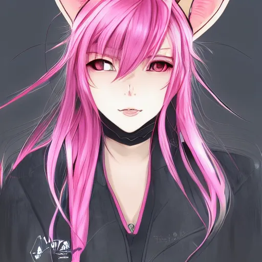 Image similar to A full headshot portrait of a woman with cat ears and pink hair, By shirow masamune, WLOP, Avetetsuya Studios, colored sketch anime manga panel, trending on artstation, pixiv art, smooth, artgem, elegant, highly detailed, pixiv trending, anime inspired, by studio trigger, attractive character