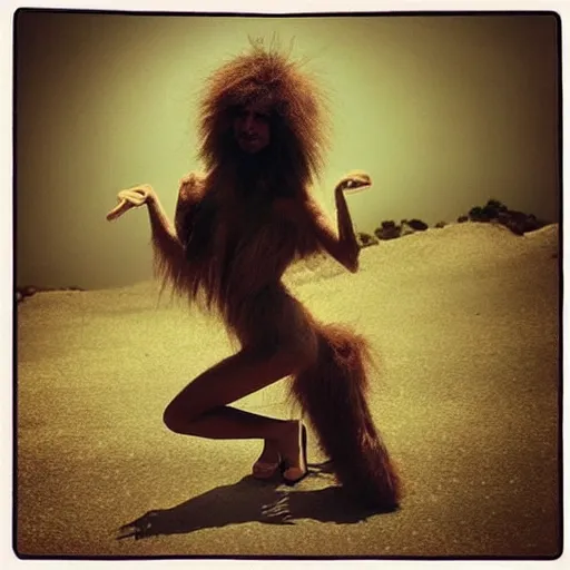 Image similar to “ pretty hairy fur very primitive Neanderthal woman posing as a model”