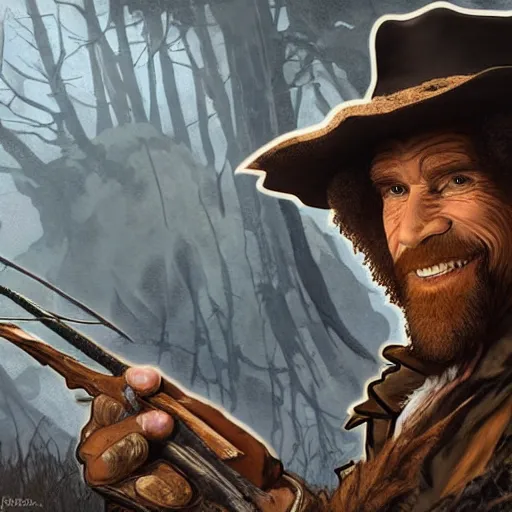 Image similar to an ultra detailed vector image of bob ross dressed as the hunter from bloodborne, concept art by alphonse mucha and greg rutkowski, praise the blood moon, octane render, liminal space