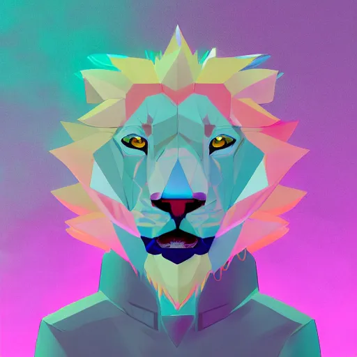 Image similar to aesthetic albino lion fursona portrait, commission of a anthropomorphic lion on fire, fursona wearing vaporwave stylish clothes, winter armosphere, pastel simple art, low poly