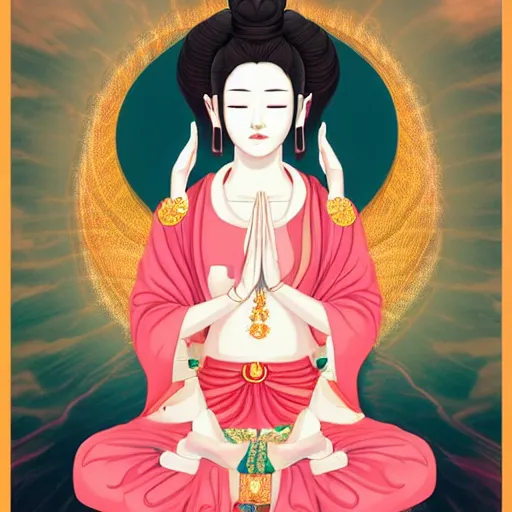 Image similar to beautiful contented k-pop female bodhisattva, praying meditating, digital art trending on artstation