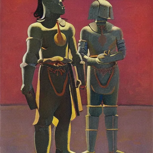 Image similar to a painting of shining metal medieval armors by nicholas roerich, by frank frazetta, by amazon, by georgia o keeffe, reflective metallic
