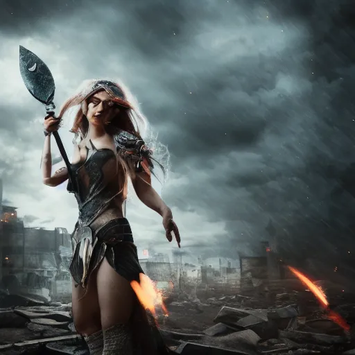 Image similar to beautiful sorceress girl in full battle gear, casting a spell, in a destroyed city, moody lighting, 8 k, shallow depth of field, cinematic lighting,