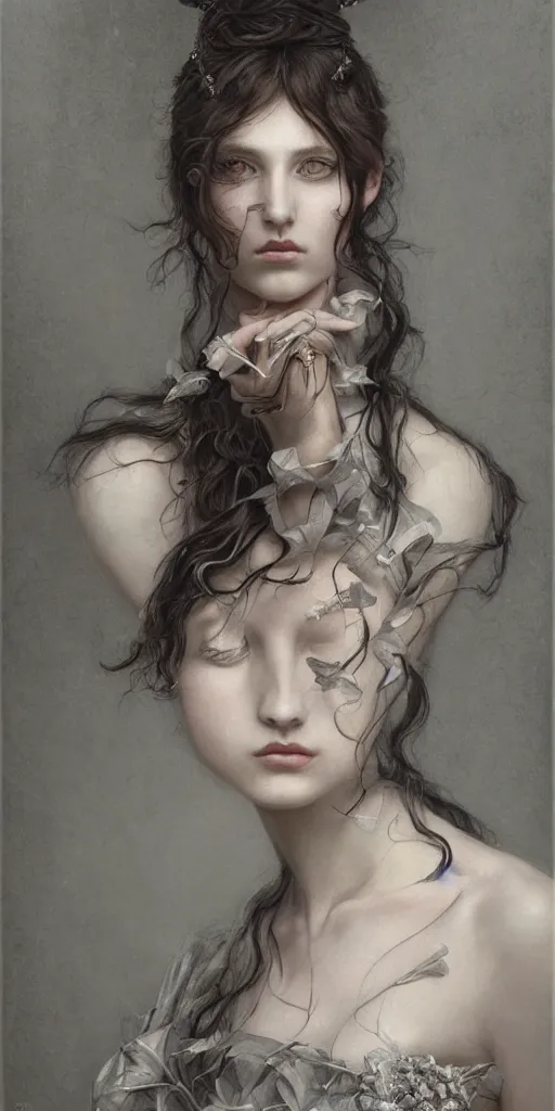 Prompt: a beautiful hyperrealistic portrait pose of a stunning Victorian model in a high-collared grey and white dress looking mournful, intricate, elegant, highly detailed, smooth, sharp focus, award-winning, masterpiece, in the style of Tom Bagshaw, Cedric Peyravernay, Peter Mohrbacher
