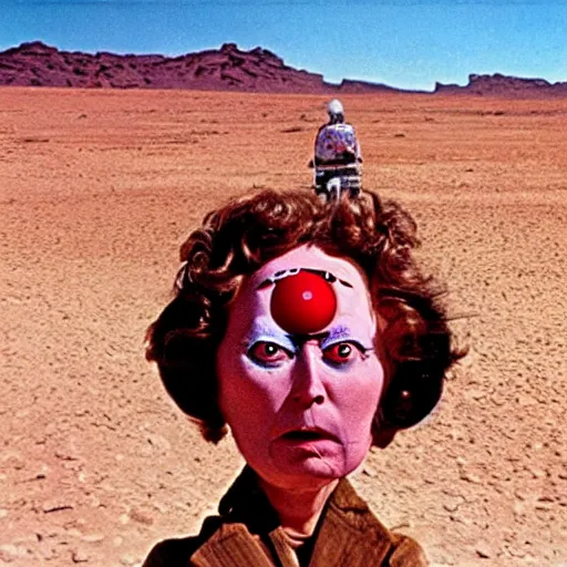 Image similar to woman with an inflatable head and giant eyeballs, in the desert 1972 Jodorowsky film, archival footage, technicolor film expired film live-action, 16mm