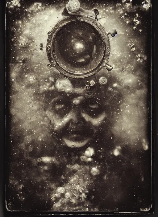 Prompt: old wetplate daguerreotype portrait of the imploding universe, explosion of data fragments, fractal, intricate, elegant, highly detailed, parallax, leica, medium format, subsurface scattering, by jheronimus bosch and greg rutkowski and louis jacques mande daguerre