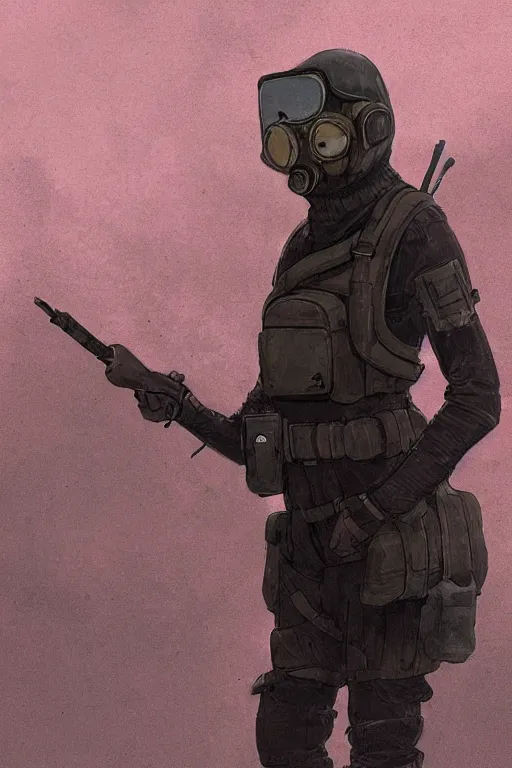 Image similar to medieval british sas female operative with the standard s 1 0 gas mask and the black uniform, artstation, trending on artstation, establishing shot, by simon stalenhag