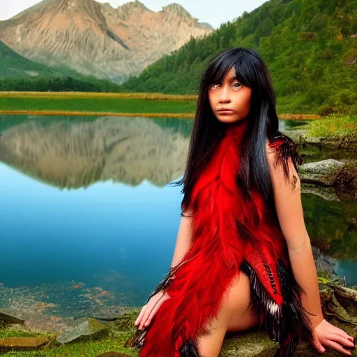 Image similar to prompt Young Woman, wearing Inka clothes, Harpy, red feathered wings for arms, bird legs, sad expression, sitting at a pond, mountainous area, trees in the background, digital art