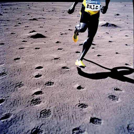 Prompt: usain bolt running on the moon, kodachrome film