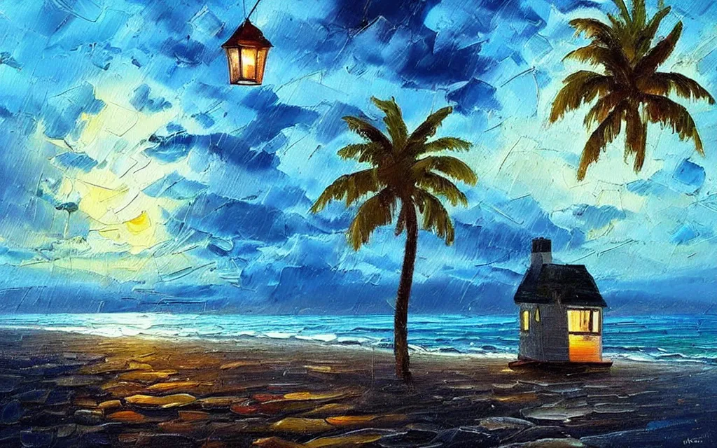 Prompt: a very very small island! cute cozy large cottage!! and lanterns!!!, palm trees, dark very late evening cloudy, dramatic and dynamic lighting, thick brush strokes oil impasto painting