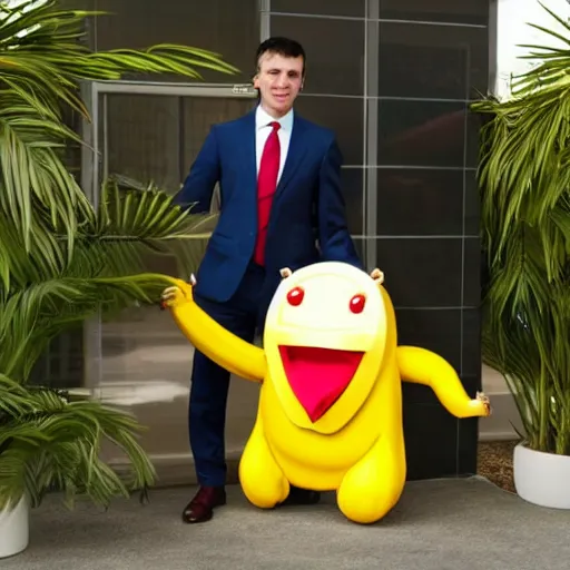 Image similar to an antropomorphic banana wearing a business suit