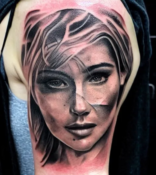 Prompt: hyper realism tattoo sketch of a beautiful woman face double exposure effect with beautiful mountains, in the style of matteo pasqualin, amazing detail, sharp, faded
