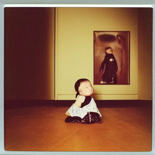 Prompt: a baby girl sitting in a living room designed by yohji yamamoto, polaroid