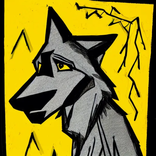 Image similar to cartoon sketch of a wolf wearing a yellow raincoat