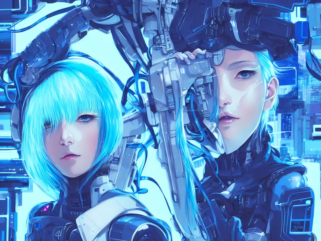 Prompt: portrait light blue hair anime visual futuristic female cyber airforce, on cyberpunk neon light tokyo rooftop, ssci - fi and fantasy, intricate and very beautiful, human structure, concept art by kyoto studio, sharp focus, anime fantasy illustration by rossdraws and magali villeneuve and liya nikorov and luxearte, frostine engine